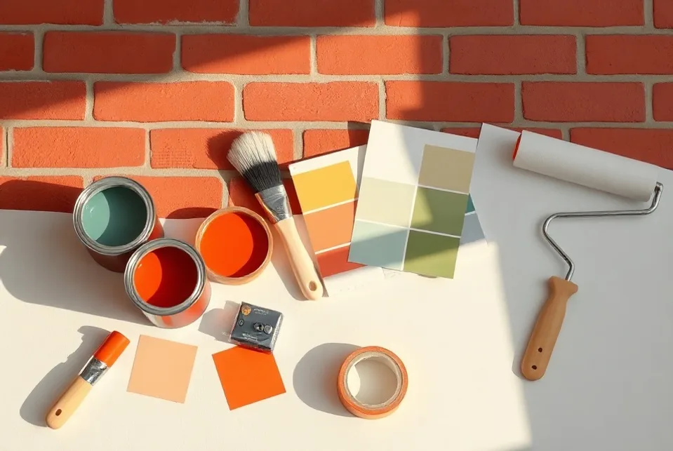 Pots de peinture, nuancier, brosses et rouleaux disposés à plat