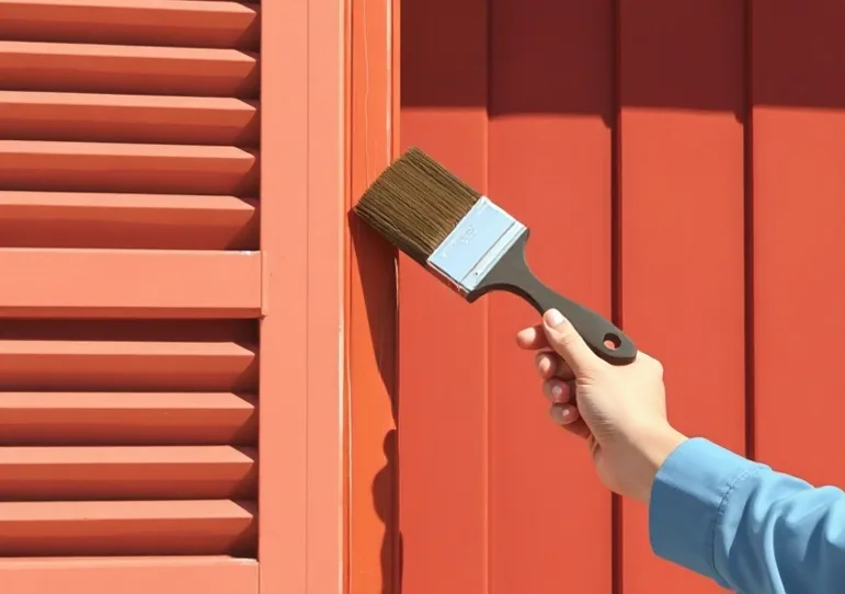 Mise en peinture au pinceau de volets et d'encadrements en bois