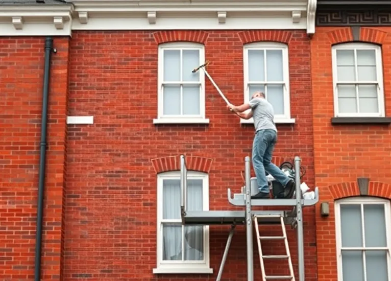 Peintre sur échafaudage traitant la façade d'une maison